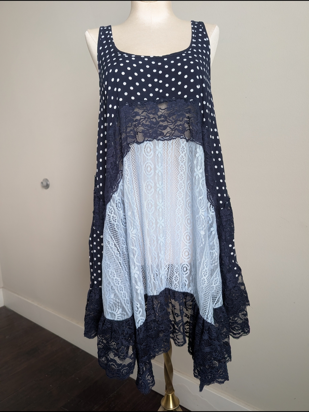 Rare Ryu Anthropologie Navy/ White Polka Dot Lace Trapeze Summer Dress Size M